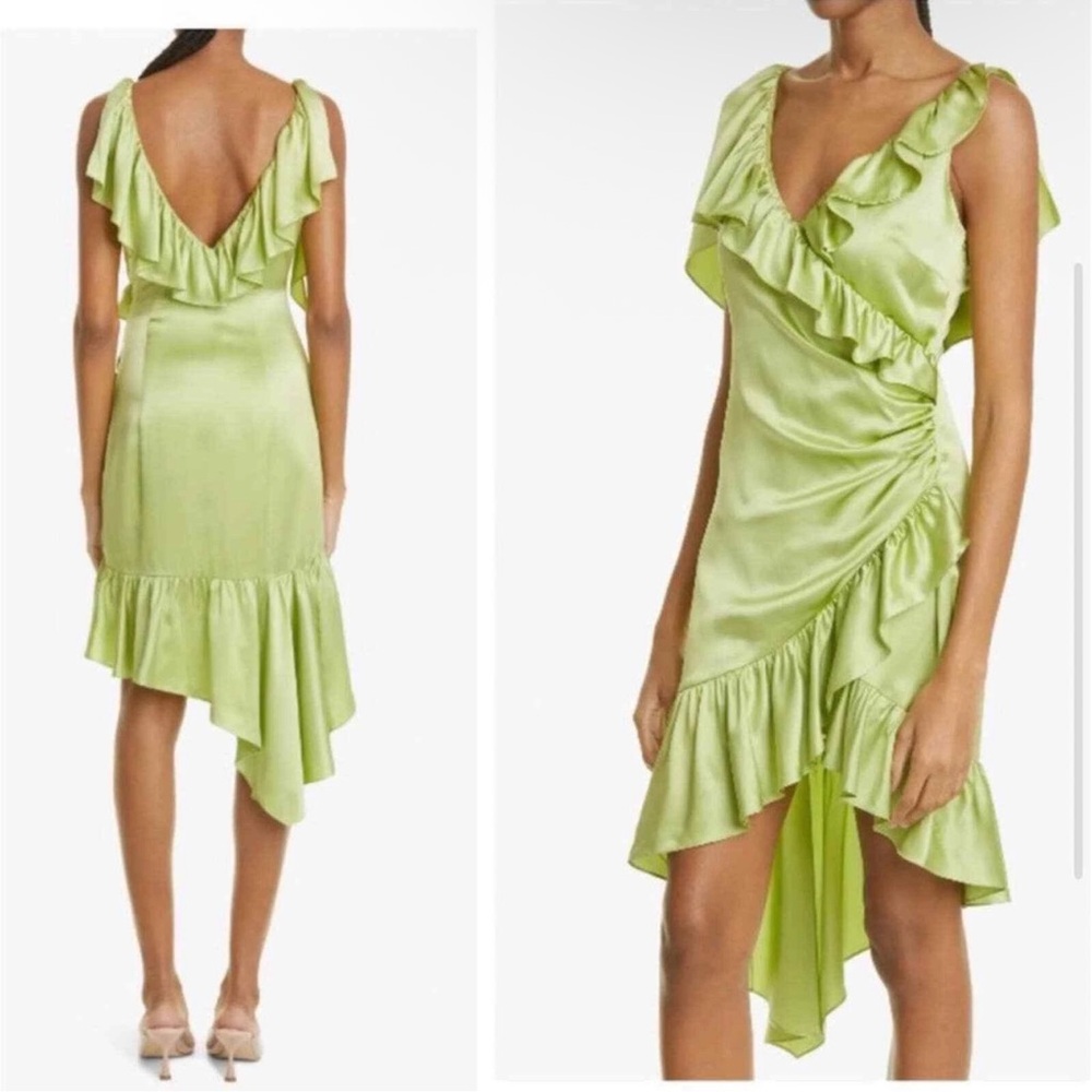 Cinq á Sept Petunya Ruffle Detail Draped 100% Silk Dress in Green Size 10 NWT